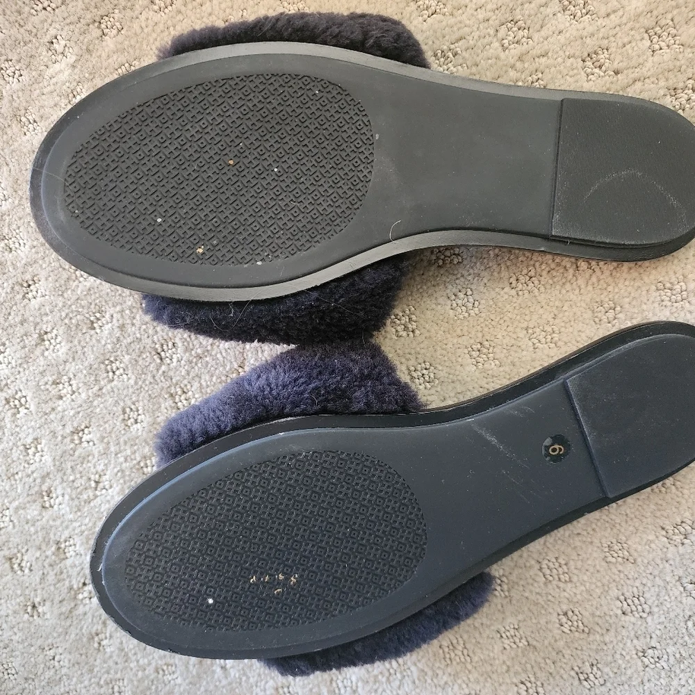 Tory Burch Shearling Slide Slippers • Black • Rhinestone Detail